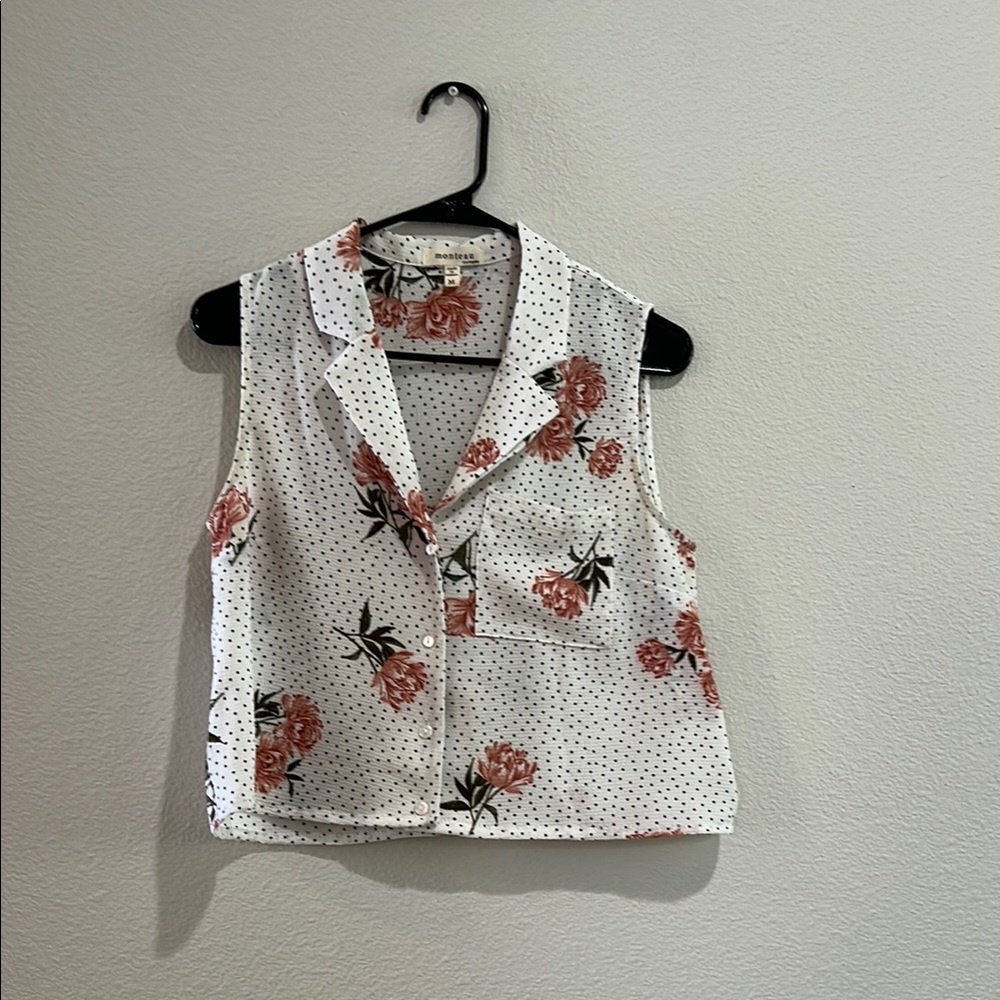 Floral Sleeveless Top - White with Pink Accents
